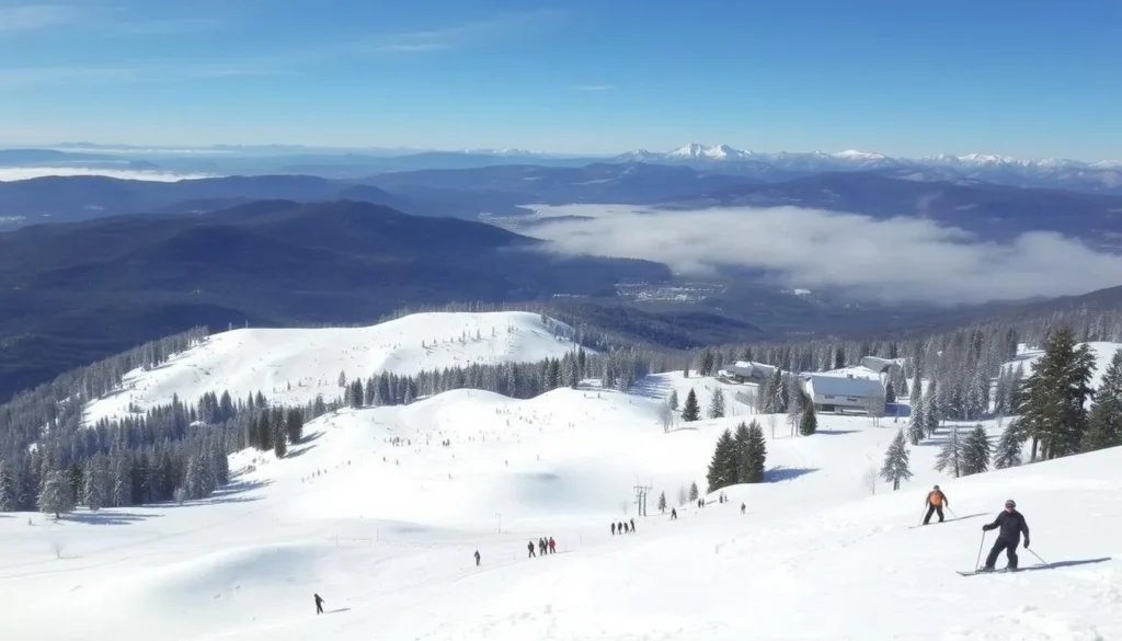 Image of Bear Mountain ski resort with snow-covered slopes and skiers