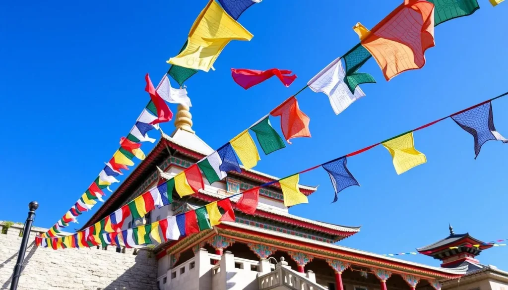 Image of Beizi Temple with prayer flags waving in the wind