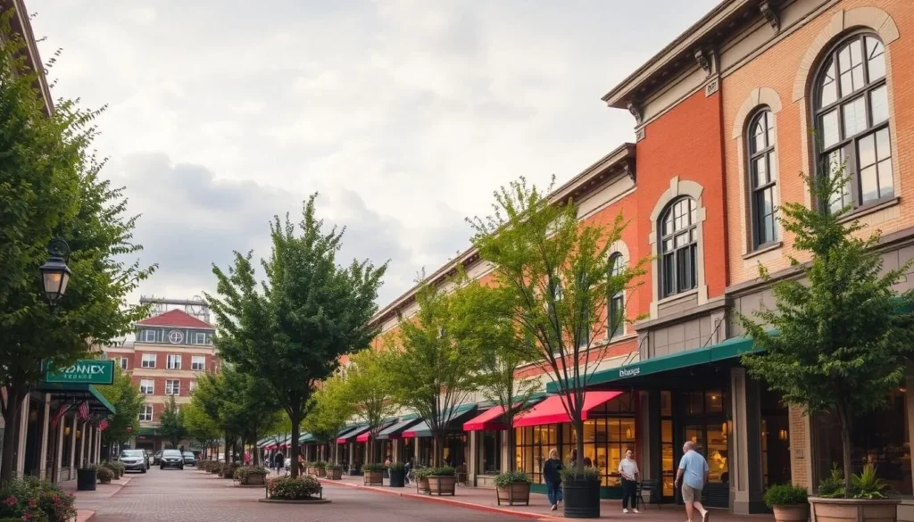 Image of Bethesda Row's charming outdoor shopping area with tree-lined streets and European-inspired architecture