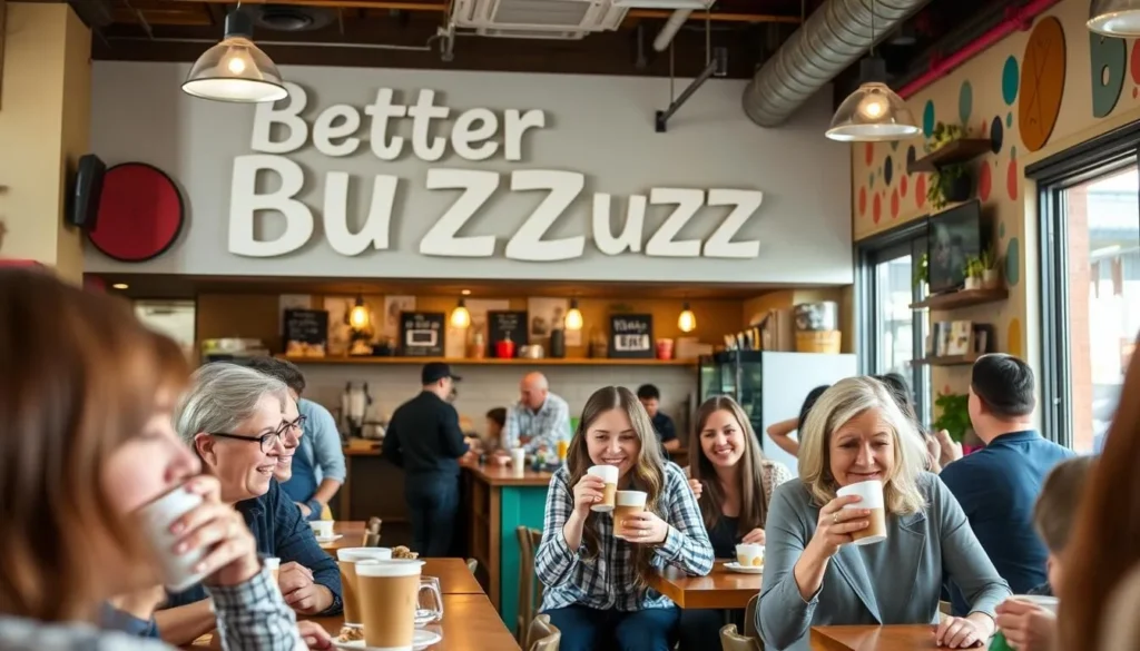 Image of Better Buzz Coffee's vibrant interior with customers enjoying their coffee and food.