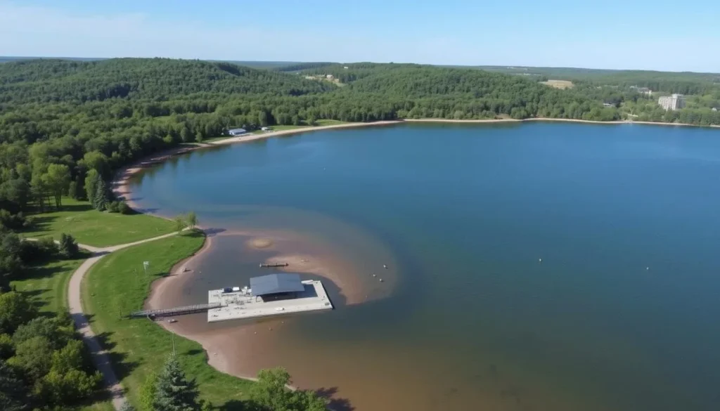 Image of Big Hollow Recreation Area Iowa with a lake, beach, and hiking trails