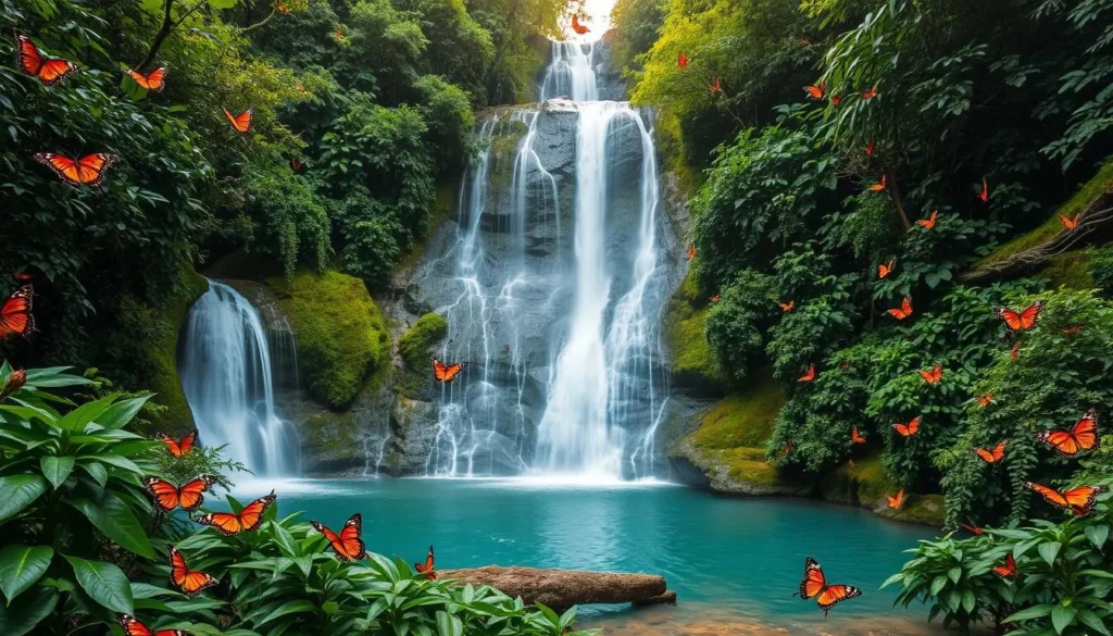 Image of Bila-bila Waterfalls with butterflies and lush surroundings