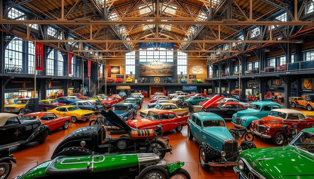 Image of Bill Richardson Transport World's main hall filled with vintage cars and motorcycles.