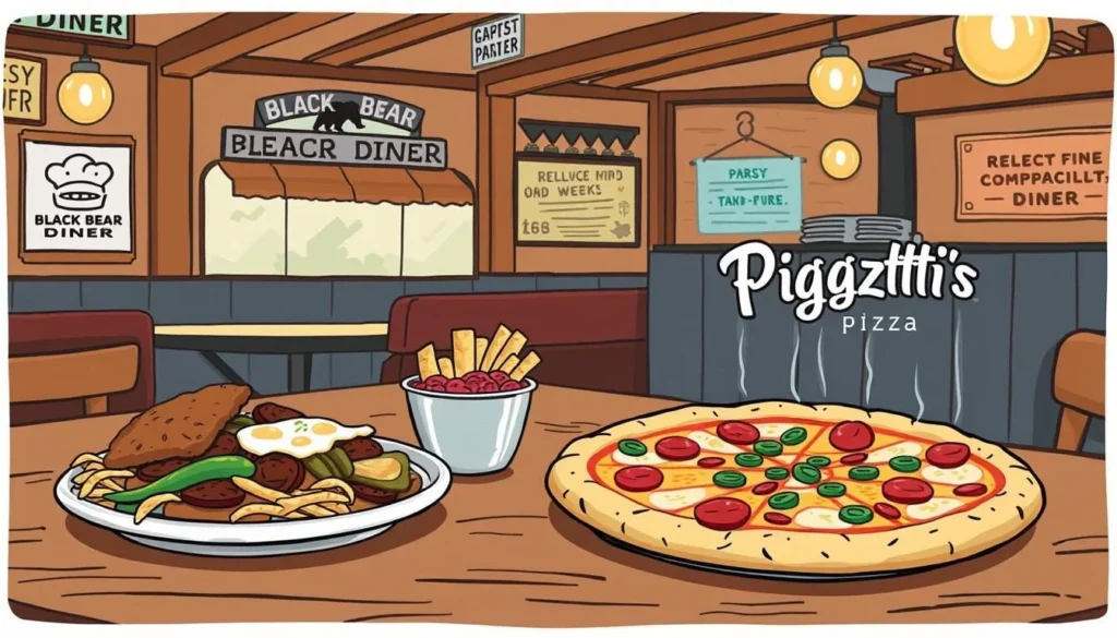 Image of Black Bear Diner's comfort food or Riggatti's Pizza's wood-fired pizzas