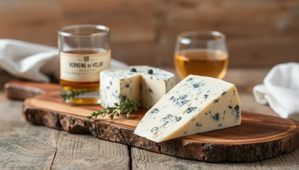 Image of "Bleu d'Auvergne" cheese and a glass of "Verveine du Velay"