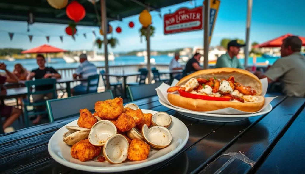 Image of Bob Lobster's outdoor seating area with a plate of fried clams and a lobster roll