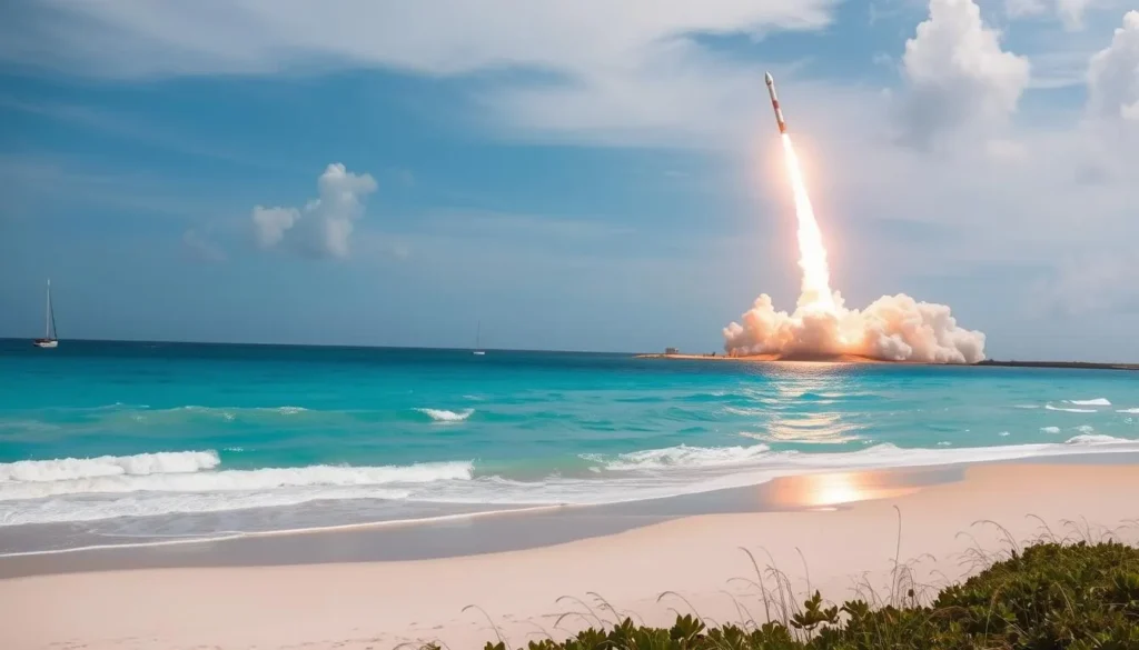Image of Boca Chica Beach with a rocket launch in the background