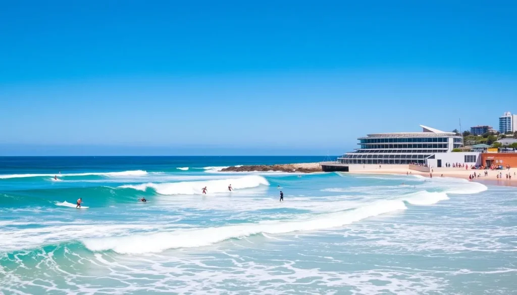 Image of Bondi Beach with surfers and the Icebergs Pool in the background