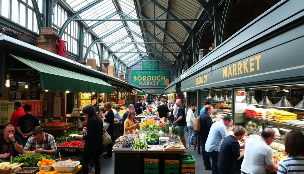 Image of Borough Market's interior with food stalls and people eating
