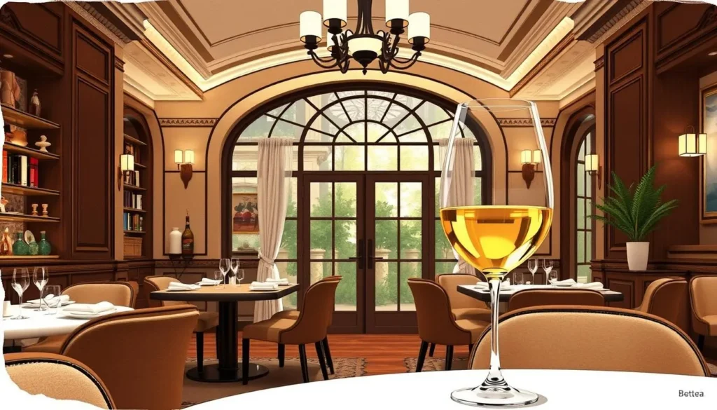 Image of Bottega's interior, with a beautifully decorated dining area and a glass of wine.