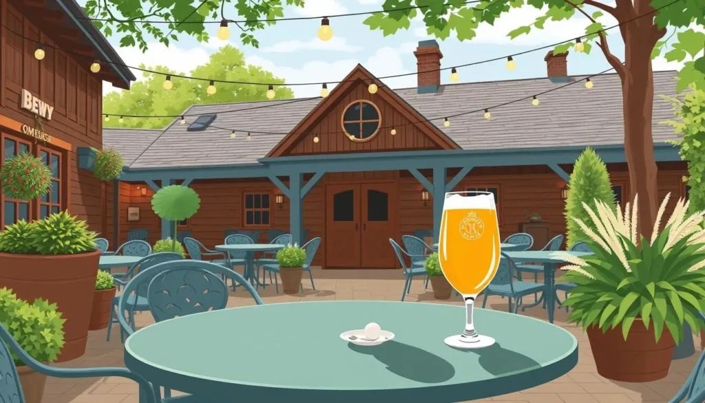Image of Brewery Ommegang's outdoor patio with a glass of craft beer