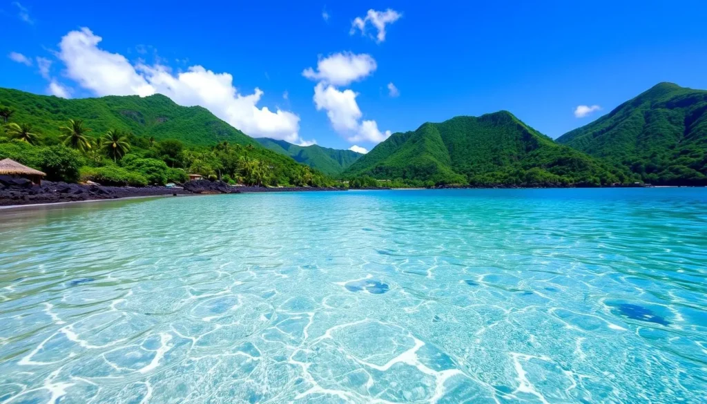 Image of Bubble Beach in Soufriere, Dominica, showcasing volcanic bubbles rising through the water near the shoreline.