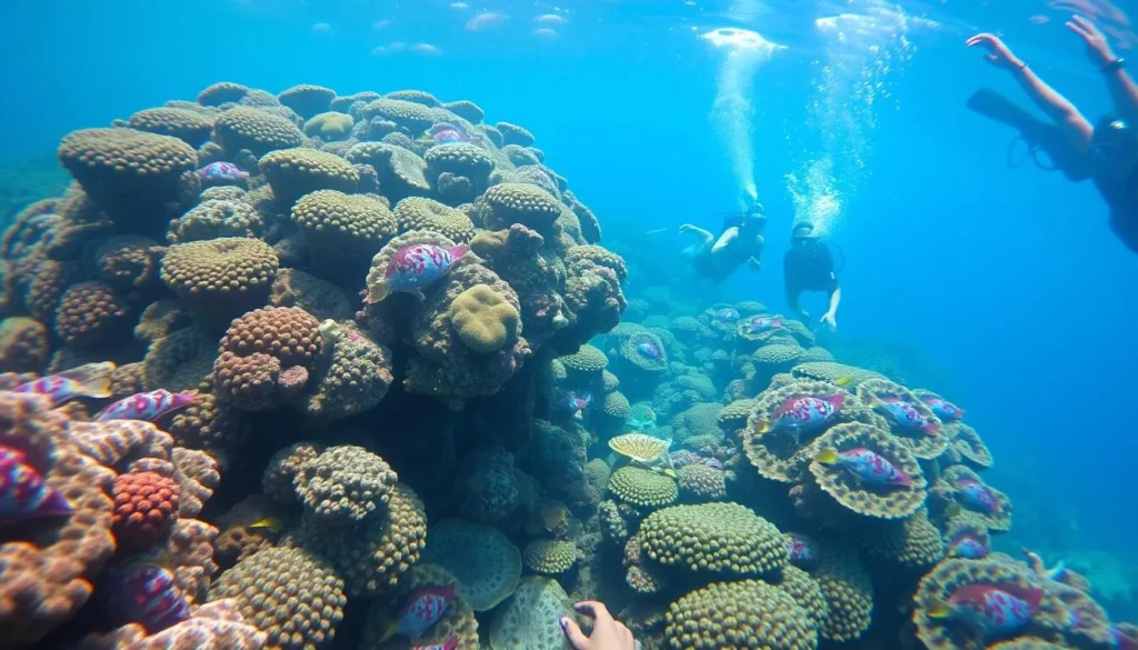 Image of Buck Island underwater trail with snorkelers exploring coral reefs