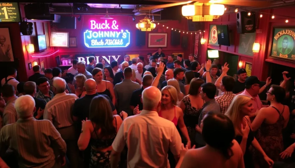 Image of Buck & Johnny's bustling with people dancing to zydeco music on a Saturday morning
