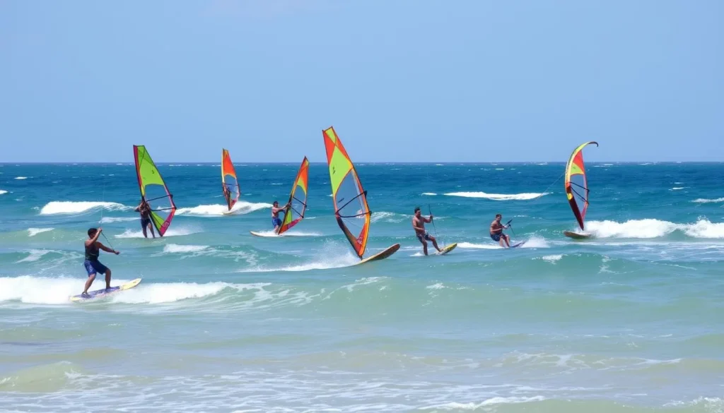 Image of Bulabog Beach with windsurfers and kiteboarders in action.