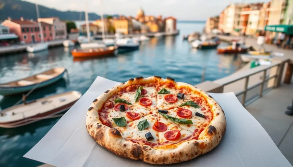 Image of Burano's Wood Fired Pizza with a wood-fired pizza and waterfront views