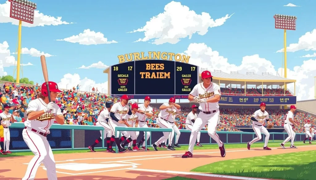 Image of Burlington Bees playing baseball at their home stadium