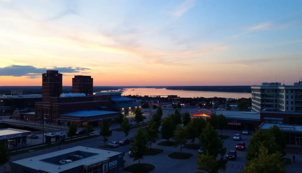 Image of Burlington's riverfront with the Mississippi River in the background