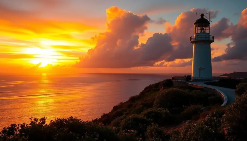 Image of California Lighthouse at sunset with a serene Caribbean Sea view