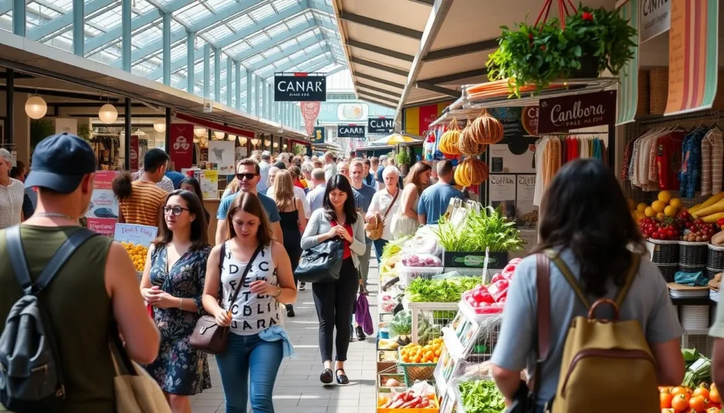 Image of Canberra's vibrant market scene with shoppers browsing local goods