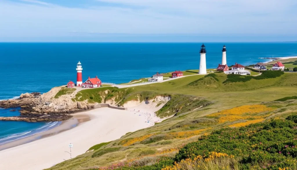 Image of Cape Cod's scenic coastline with lighthouses and beaches