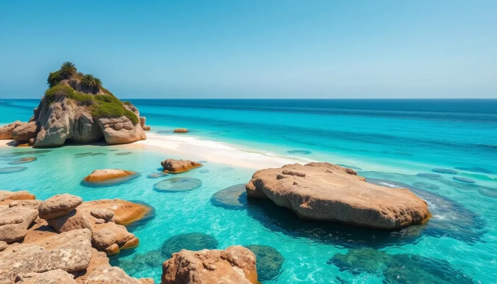 Image of Cas Abao Beach showcasing its turquoise waters and rock formations