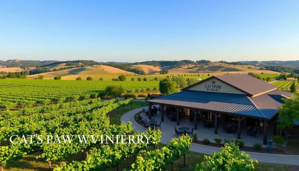 Image of Cat's Paw Winery's vineyard with a wine tasting area