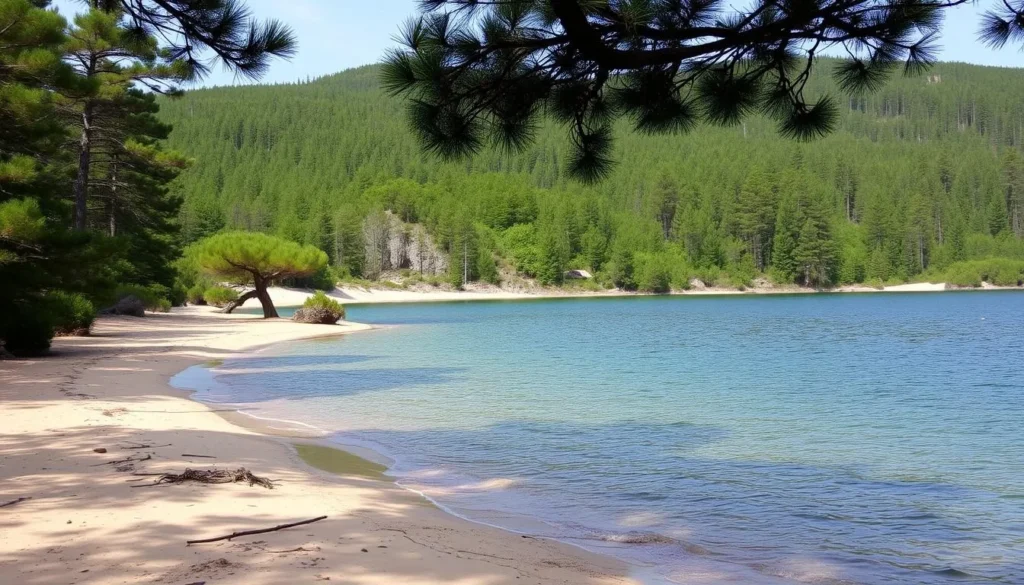 Image of Cazaux Lake with sandy beaches and surrounding pine forests Image of Cazaux Lake with sandy beaches and surrounding pine forests
