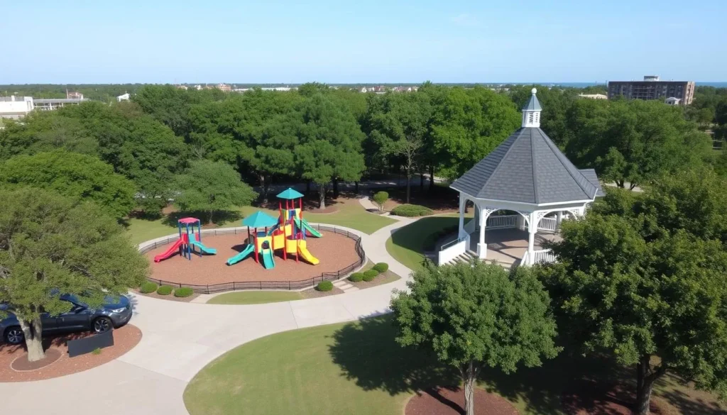 Image of Central Park in Cape Charles, Virginia, featuring a playground and a gazebo
