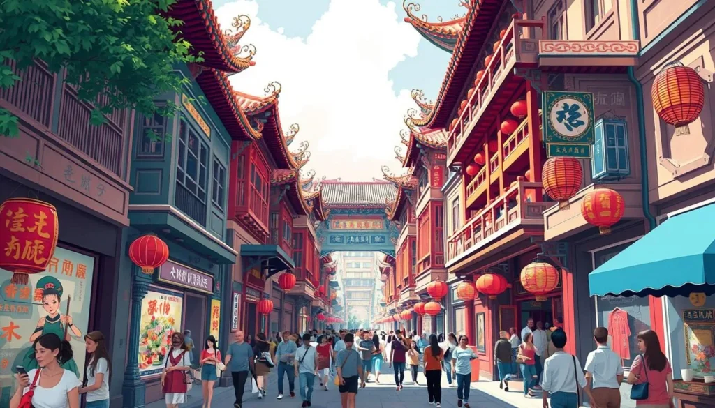 Image of Chinese Baroque Street with its vibrant buildings and bustling atmosphere Image of Chinese Baroque Street with its vibrant buildings and bustling atmosphere