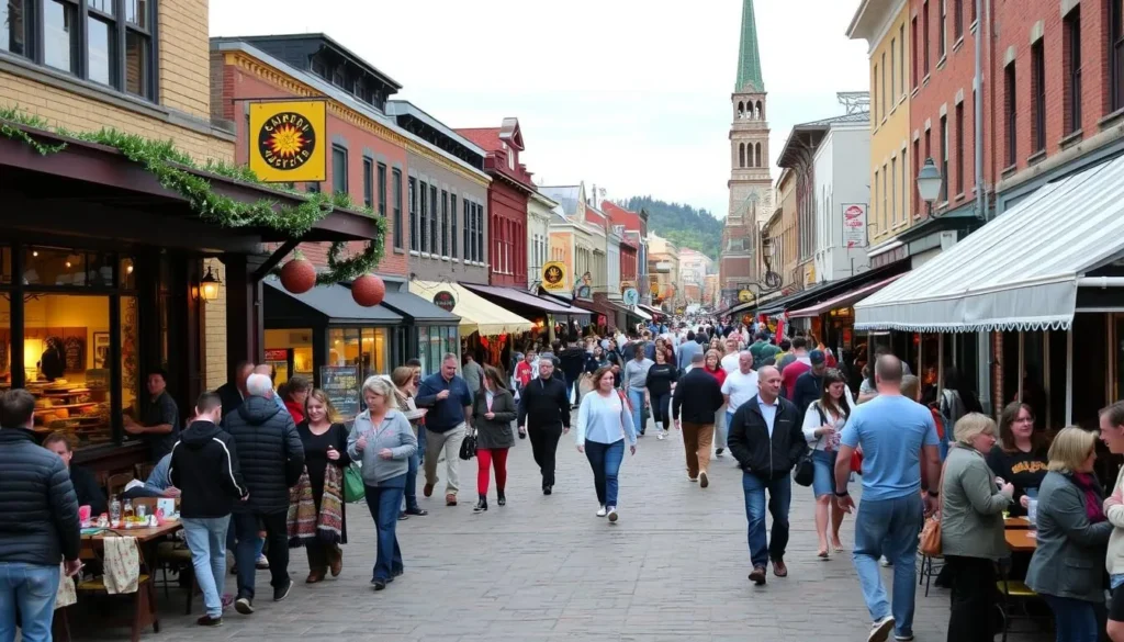 Image of Church Street Marketplace in Burlington, Vermont, with people walking and shopping.