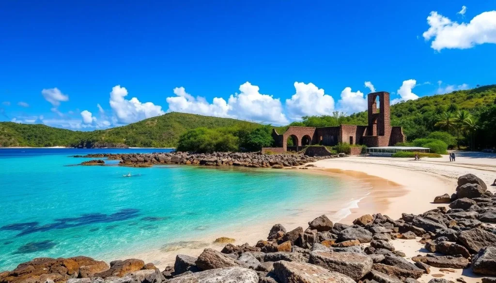 Image of Cinnamon Bay with its wide stretch of sand and historic sugar mill ruins