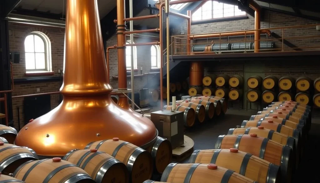Image of Clydeside Distillery's interior with copper stills and whisky barrels