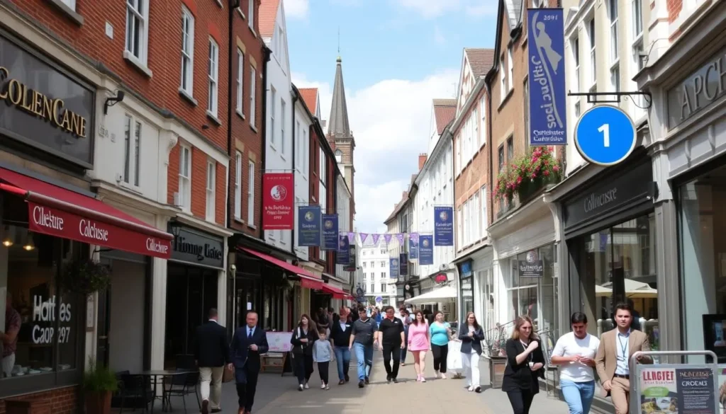 Image of Colchester's High Street with various shops and restaurants