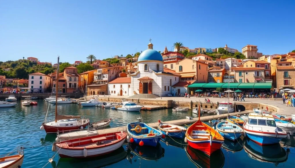 Image of Collioure's picturesque harbor with the blue-domed church