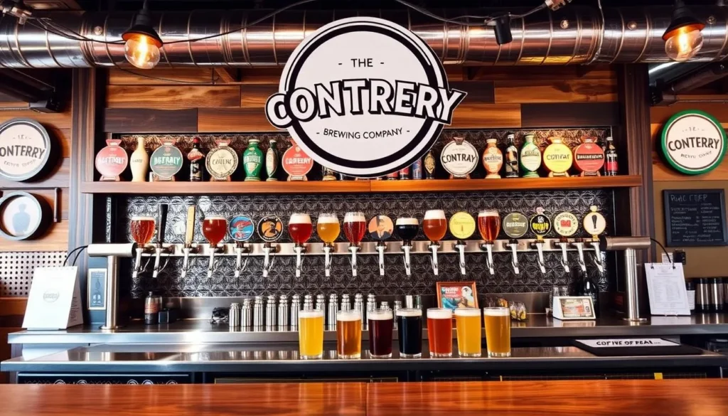 Image of Contrary Brewing Company taproom with a variety of beers on tap