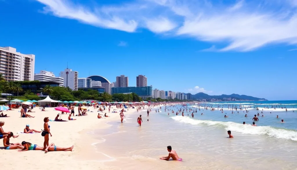 Image of Copacabana Beach with people sunbathing and swimming