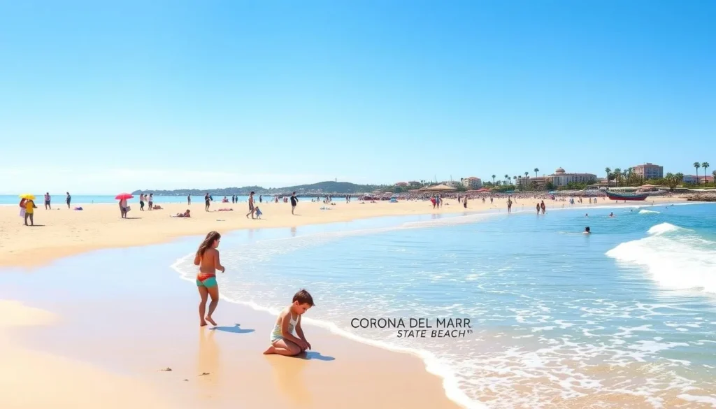 Image of Corona del Mar State Beach with families enjoying the calm waters