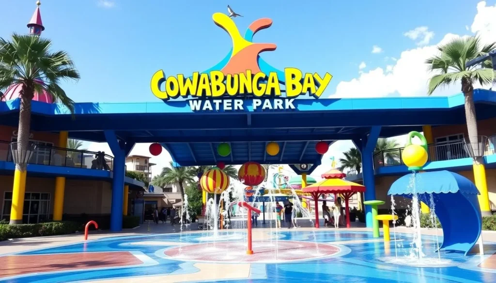 Image of Cowabunga Bay Water Park's main entrance with a large splash pad area for kids.