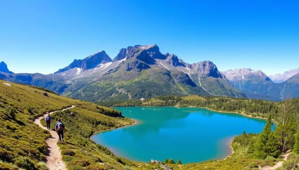 Image of Cradle Mountain's Dove Lake with hikers walking on the trail.