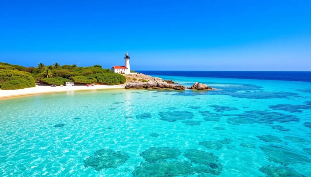 Image of Culebrita Island with crystal-clear waters and a lighthouse in the background.