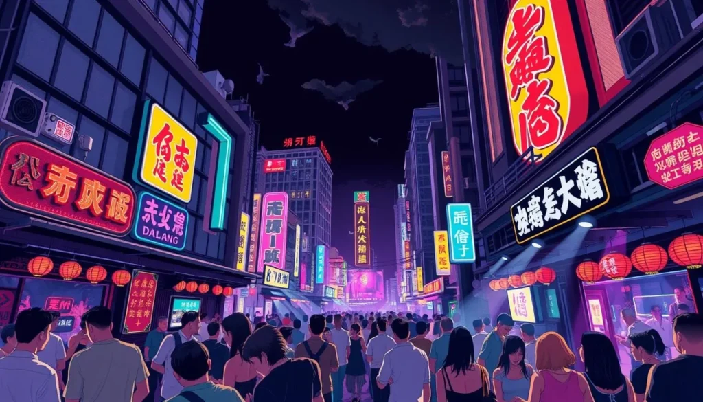 Image of Dalian's nightlife scene, with a lively bar or club in the downtown area featuring live music.