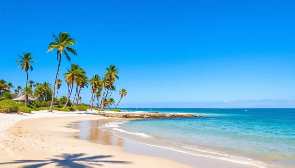 Image of Dauphin Island beach with clear blue waters and palm trees