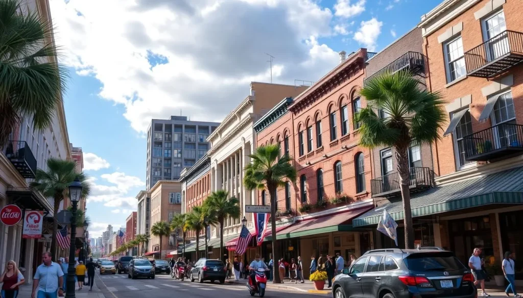 Image of Dauphin Street in downtown Mobile with its historic buildings and lively atmosphere