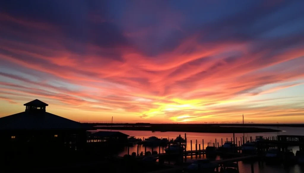 Image of Dauphin's Restaurant at sunset with a panoramic view of Mobile Bay