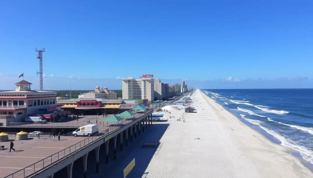 Image of Daytona Beach with its iconic boardwalk and expansive sandy shoreline