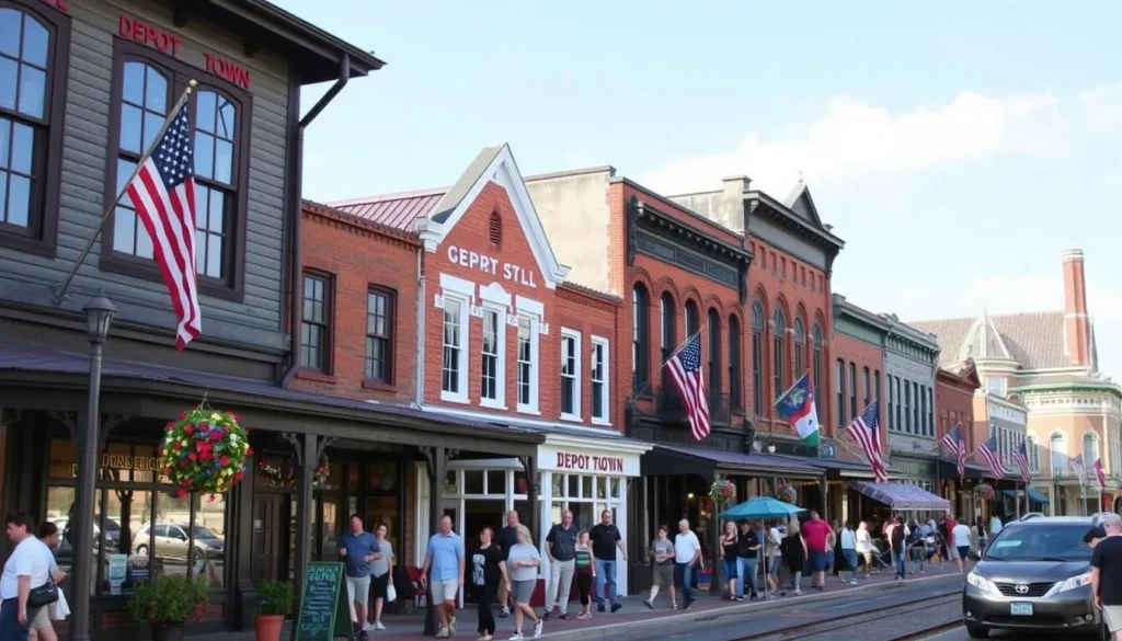 Image of Depot Town's historic buildings and bustling atmosphere