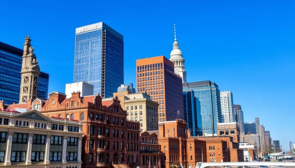 Image of Detroit cityscape with a mix of old and new buildings