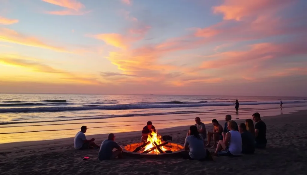 Image of Dewey Beach at sunset with people gathered around a bonfire
