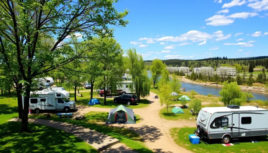 Image of Dinosaur Provincial Park campground with RVs and tents nestled among cottonwood trees along the Red Deer River.